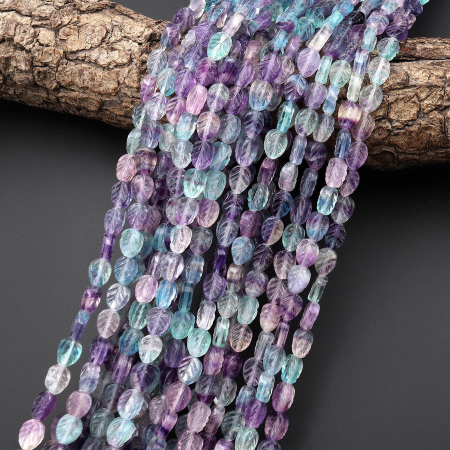 Natural Blue Green Purple Fluorite Hand Carved Leaf Gemstone Beads 15.5" Strand