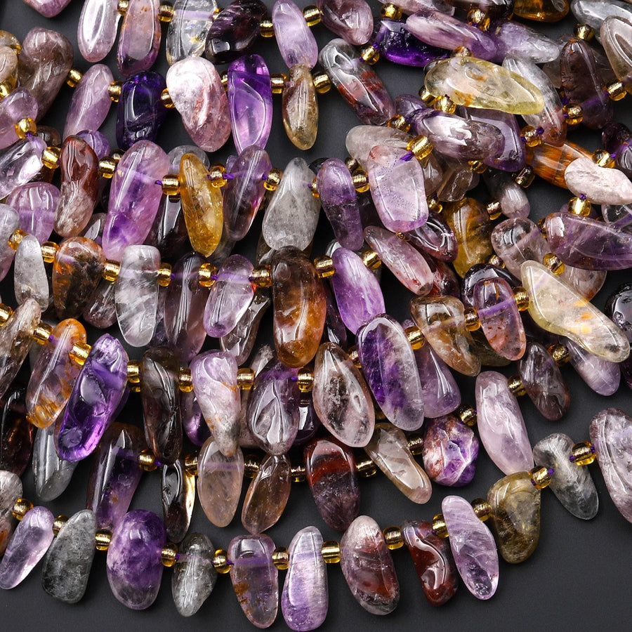 Rare Natural Auralite 23 Cacoxenite Freeform Side Drilled Oval Pebble Nugget Beads Healing Gemstone World’s Oldest Crystal 15.5" Strand