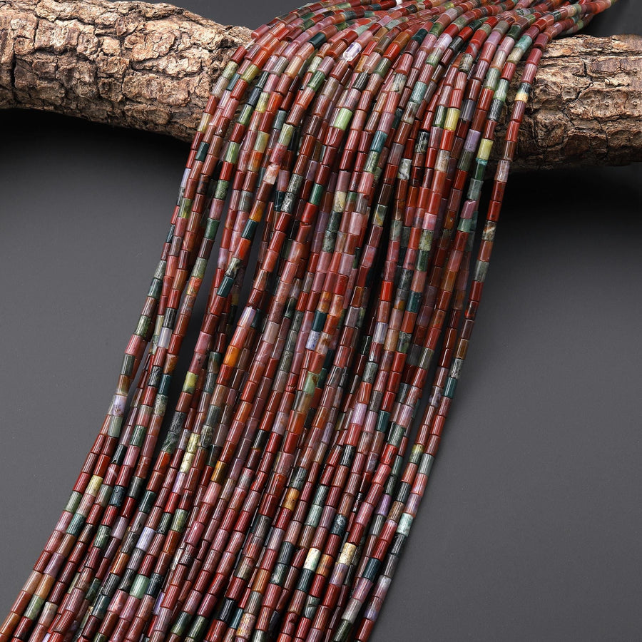 AAA Natural Indian Agate 5x3mm Smooth Tube Beads Aka Green Red Bloodstone 15" Strand