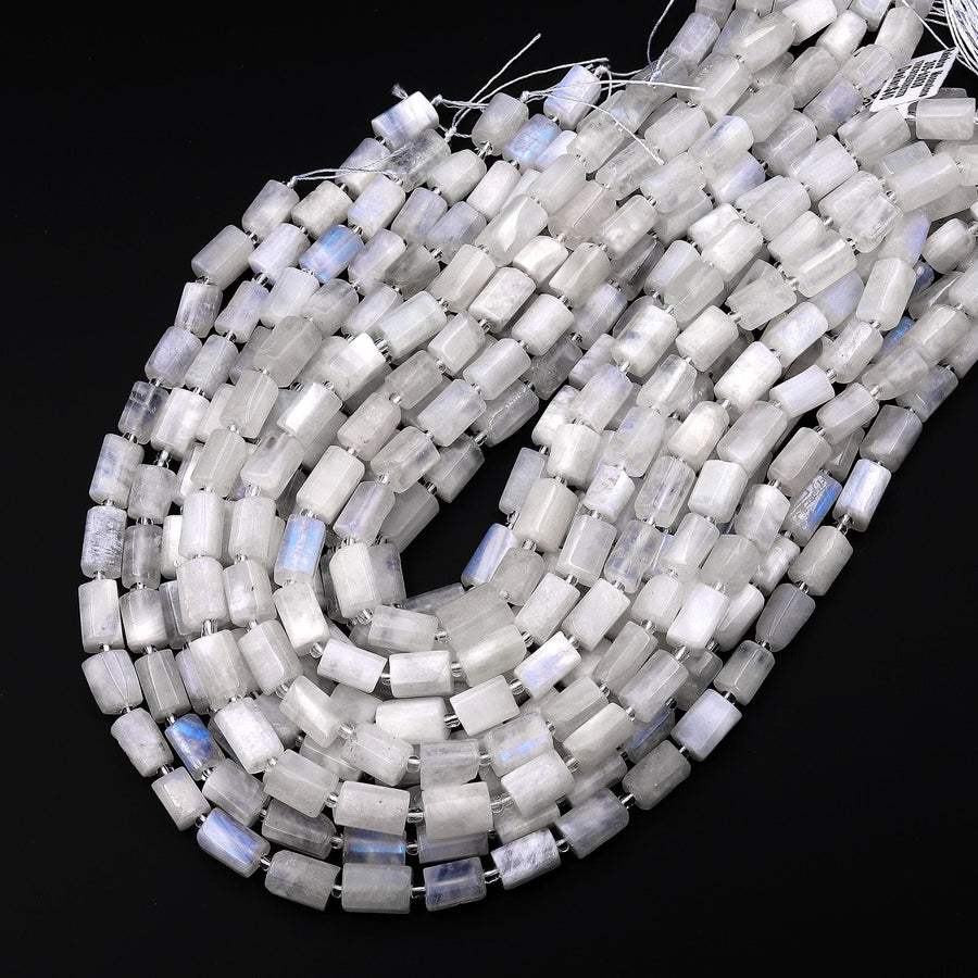 Natural Rainbow Moonstone Faceted Tube Beads 15.5" Strand