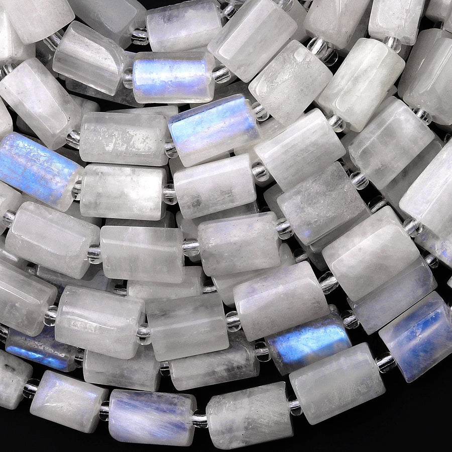 Natural Rainbow Moonstone Faceted Tube Beads 15.5" Strand