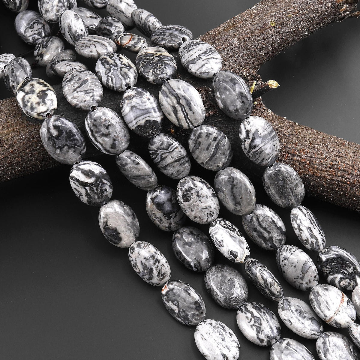 AAA Natural Gray Map Stone Jasper 10x14mm Smooth Oval Beads 15.5