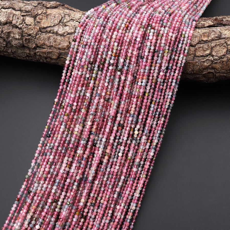 AAA Faceted Natural Pastel Pink Green Tourmaline 2mm Round Beads Micro Diamond Cut Gemstone 15.5" Strand