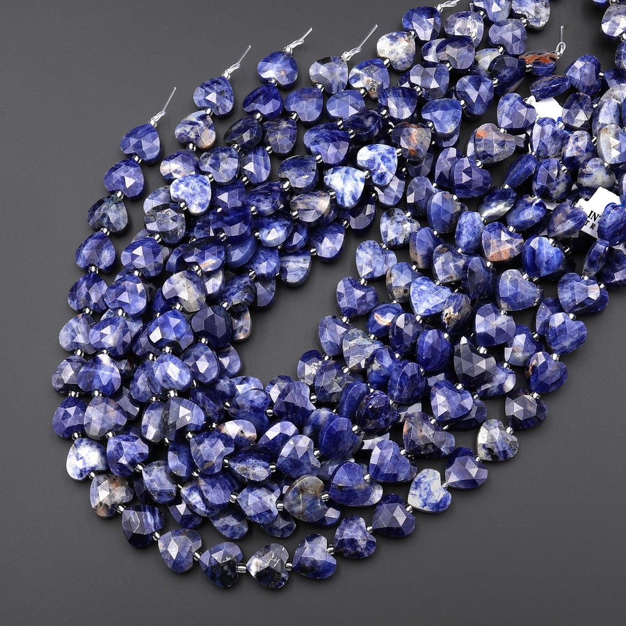 Faceted Natural Blue Sodalite Heart Beads 14mm Gemstone 15" Strand