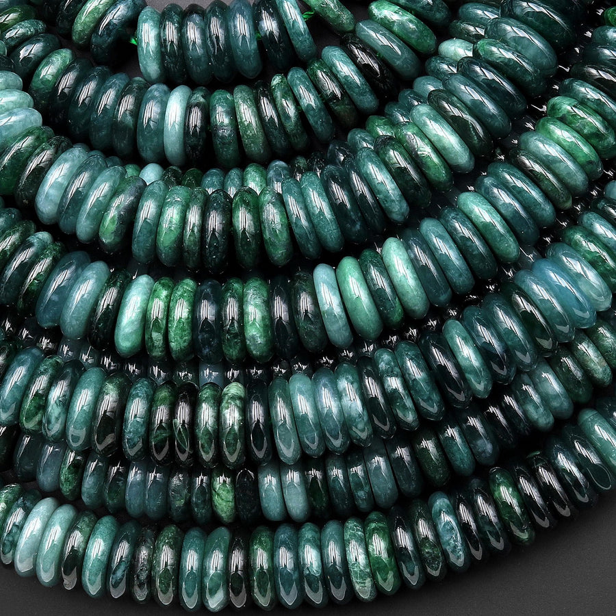 AAA Natural Guatemalan Dark Blue Green Jade Smooth Thin Heishi 10mm Beads 15.5" Strand