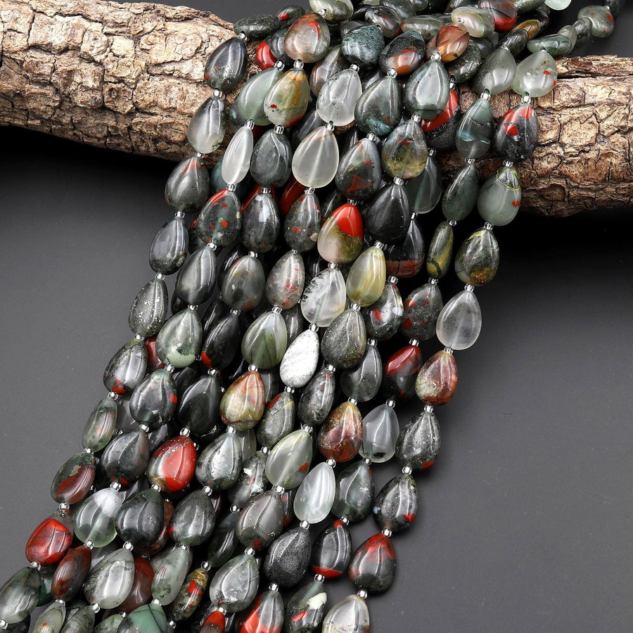 Natural African Indian Bloodstone Smooth Teardrop Beads Vertically Drilled Gemstone 15" Strand