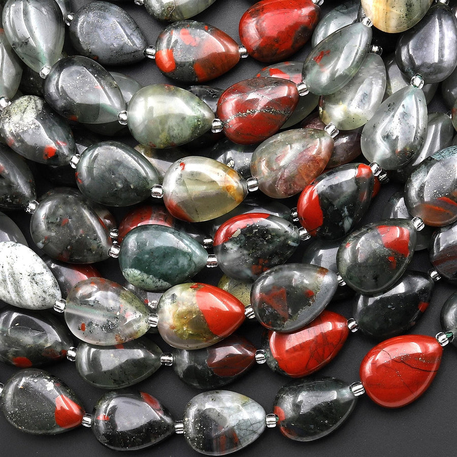 Natural African Indian Bloodstone Smooth Teardrop Beads Vertically Drilled Gemstone 15" Strand