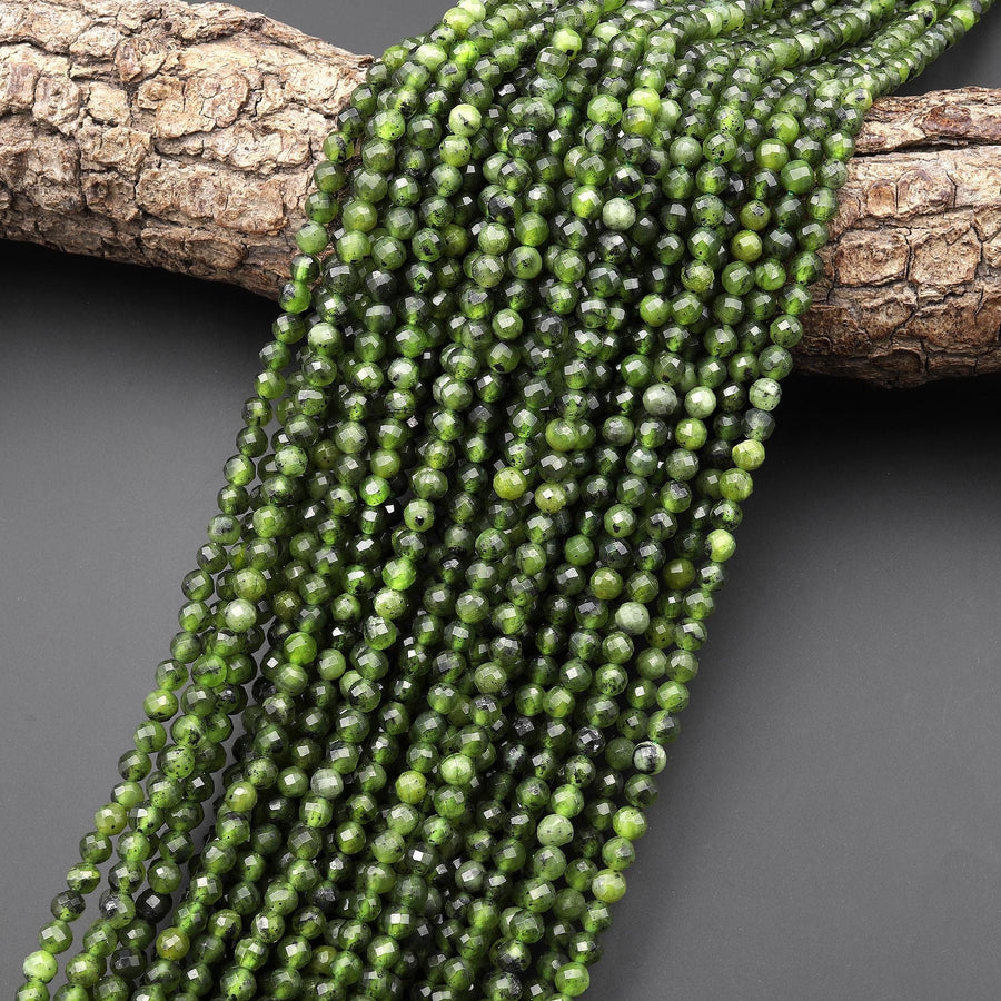 Faceted Natural Canadian Jade 4mm Round Beads Real Green Jade Gemstone 15.5" Strand