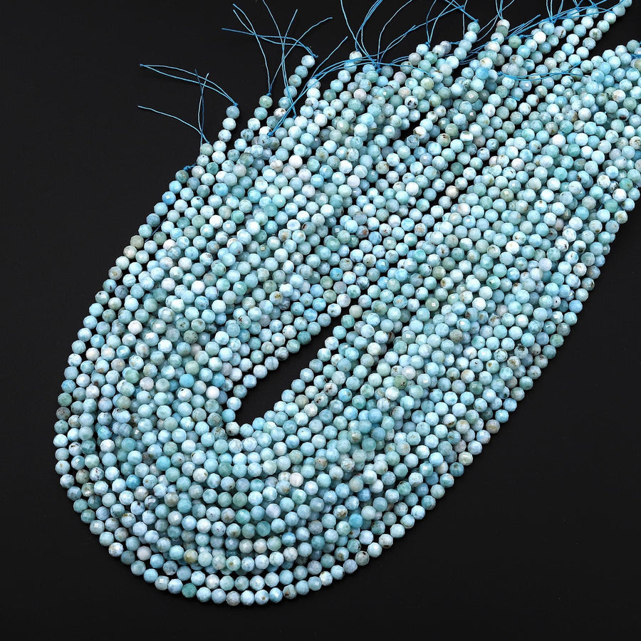 AA Faceted Natural Blue Larimar Beads 4mm Round Beads Genuine Gemstone 15.5" Strand