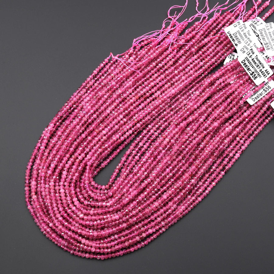 AAA Translucent Faceted Natural Pink Tourmaline Rondelle 3mm 4mm Beads Diamond Cut Gemstone 15.5" Strand