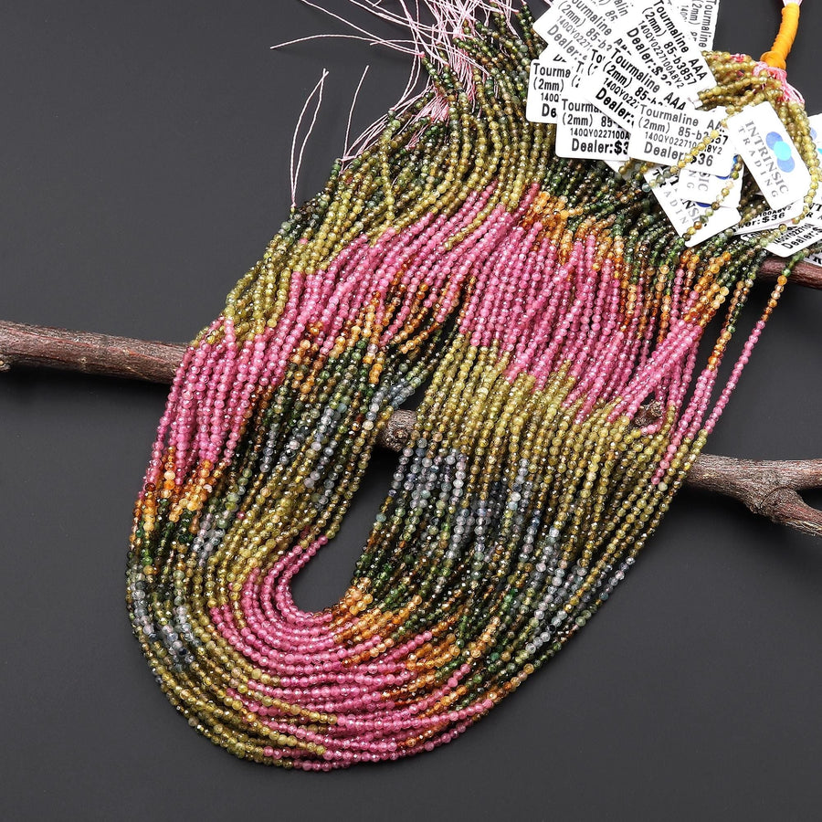 AAA Natural Pink Green Blue Yellow Tourmaline Micro Faceted 2mm Round Ombre Gemstone Beads 15.5" Strand