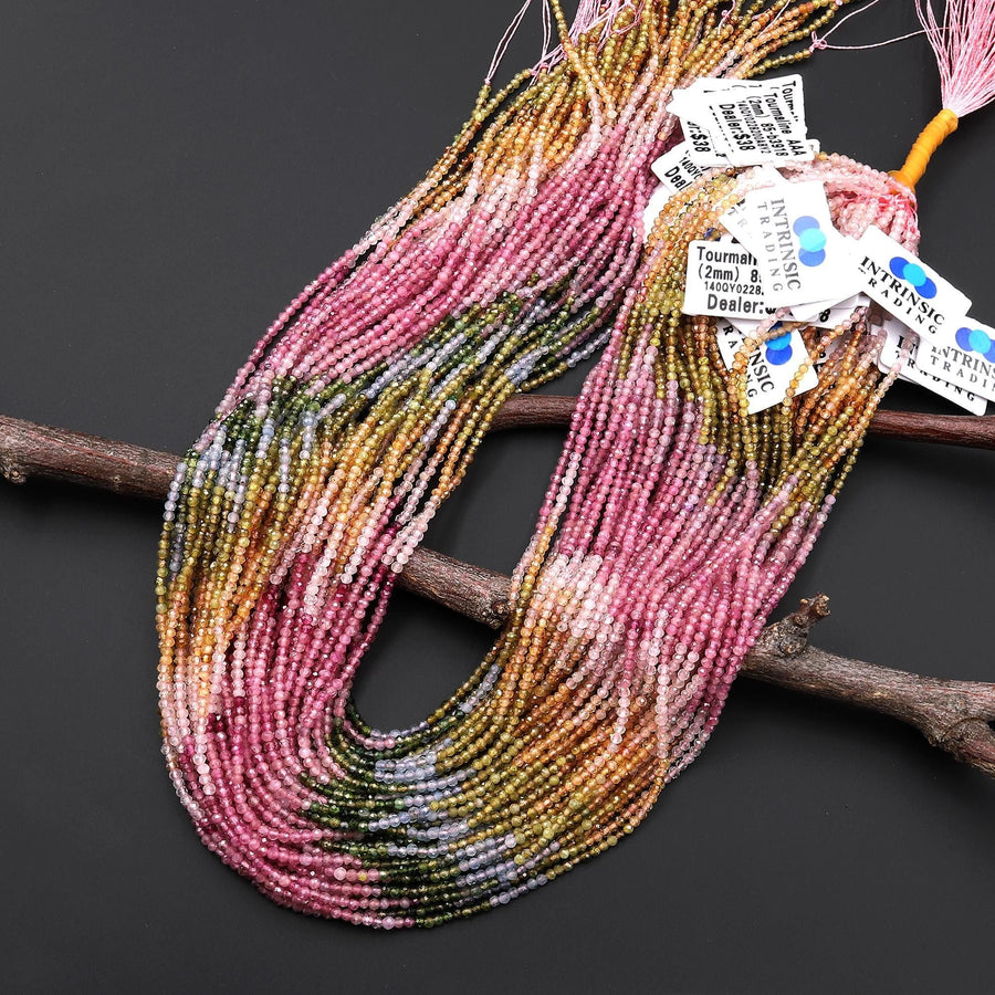 AAA Natural Pink Green Blue Yellow Tourmaline Micro Faceted 2mm Round Ombre Graduating Colors Gemstone Beads 15.5" Strand