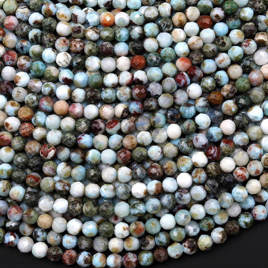 Real Natural Blue Larimar Beads Faceted 4mm Round Beads Red Iron 15.5" Strand