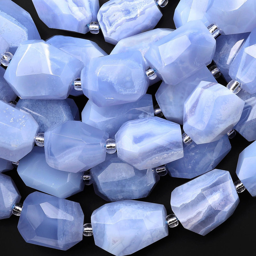 AAA Chunky Natural Blue Chalcedony Beads Hand Faceted Nuggets 15.5 Strand