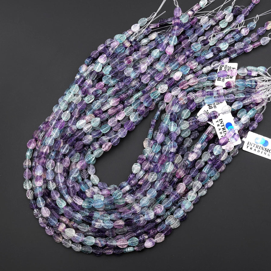 Natural Blue Green Purple Fluorite Hand Carved Leaf Gemstone Beads 15.5" Strand