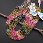 AAA Natural Pink Olive Green Blue Yellow Tourmaline Micro Faceted 2mm Round Ombre Graduating Colors Gemstone Beads 15.5" Strand