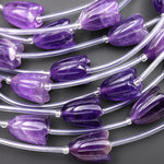 AAA Natural Purple Amethyst Hand Carved Tulip Lily Flower Vertically Drilled Gemstone 15mm Beads Strand
