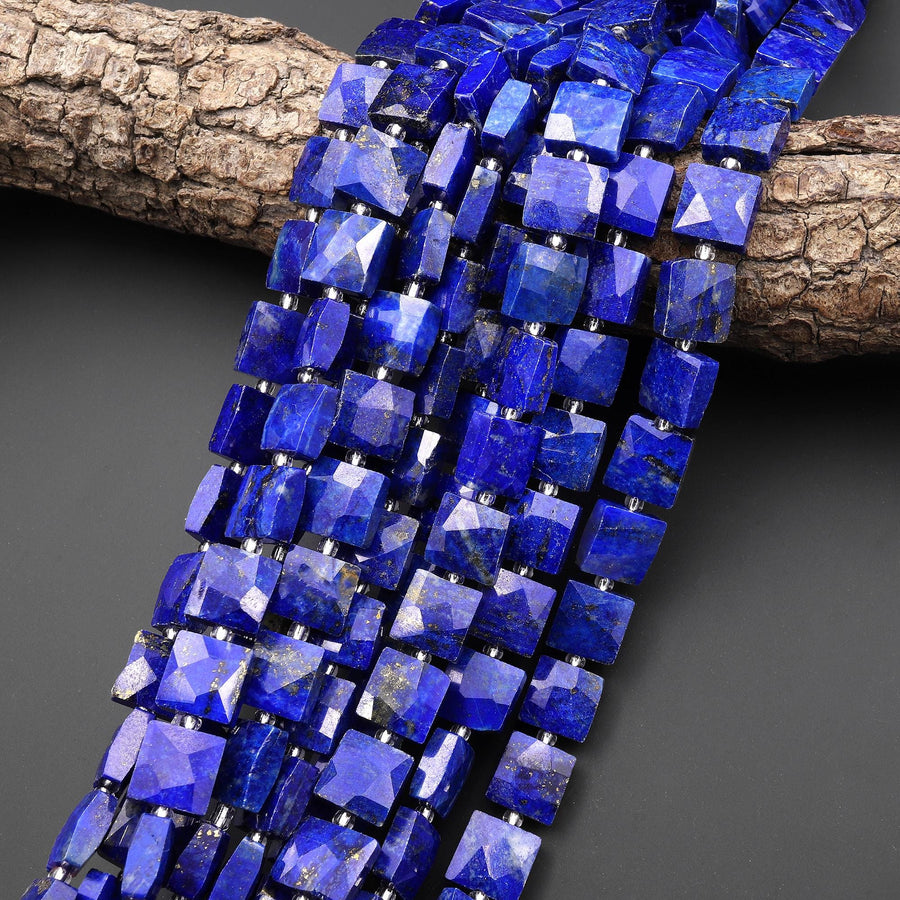 AAA Faceted Natural Blue Lapis Square Cushion 10mm Beads 15.5" Strand