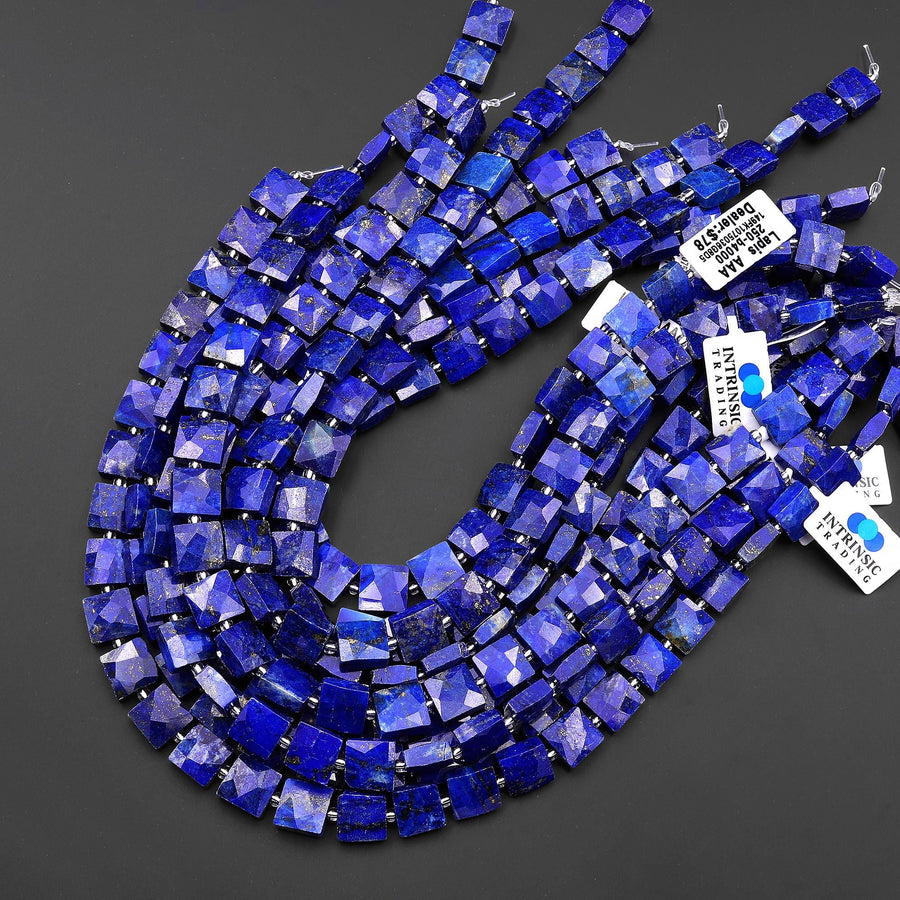 AAA Faceted Natural Blue Lapis Square Cushion 10mm Beads 15.5" Strand