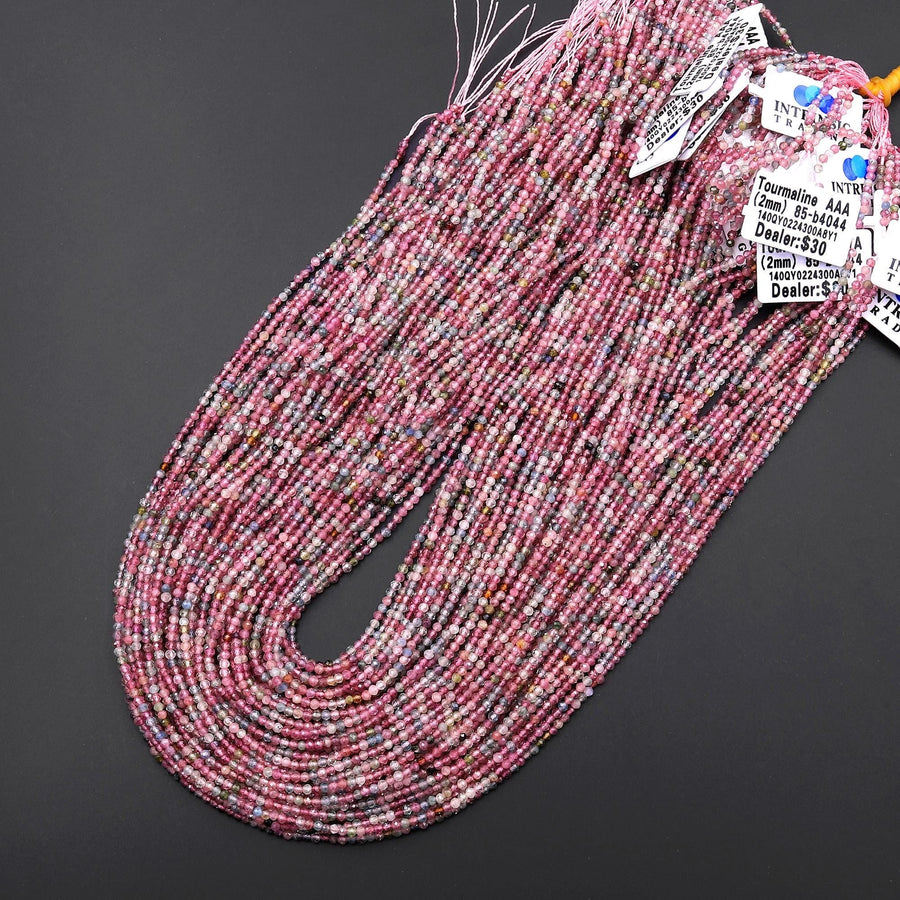 AAA Faceted Natural Pastel Pink Green Tourmaline 2mm Round Beads Micro Diamond Cut Gemstone 15.5" Strand