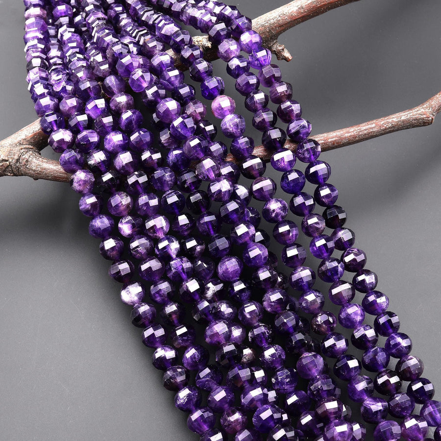 AAA Faceted Lantern Cut Natural Purple Amethyst 8mm Round Gemstone Beads 15.5" Strand