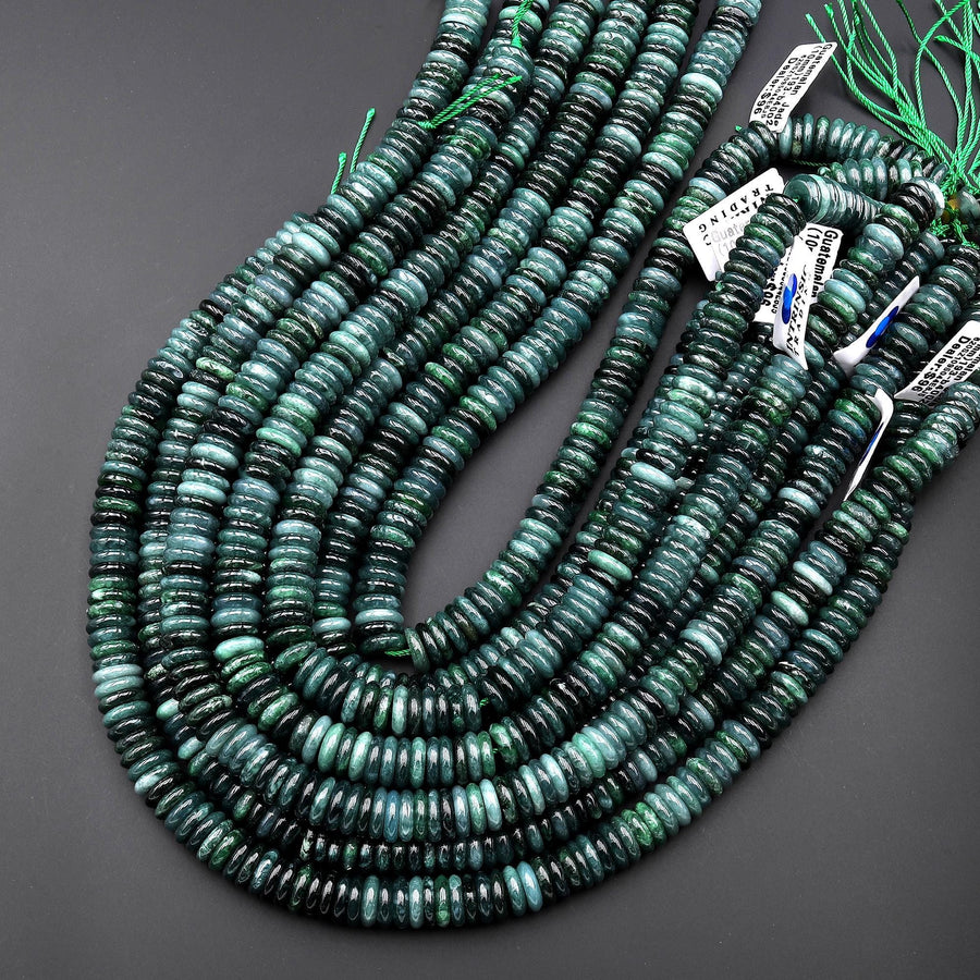 AAA Natural Guatemalan Dark Blue Green Jade Smooth Thin Heishi 10mm Beads 15.5" Strand