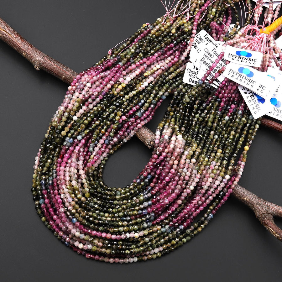 Natural Pink Forest Green Blue Tourmaline Faceted 3mm Round Beads Ombre Gemstone 15.5" Strand