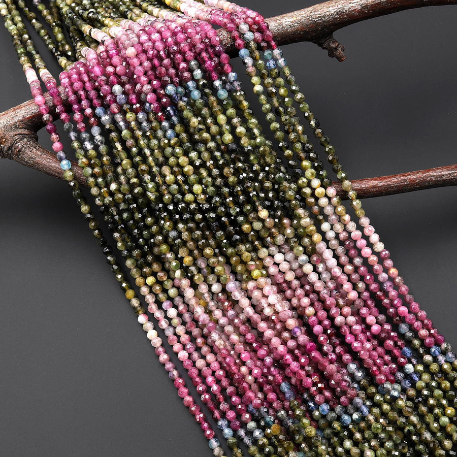 Natural Pink Forest Green Blue Tourmaline Faceted 3mm Round Beads Ombre Gemstone 15.5" Strand