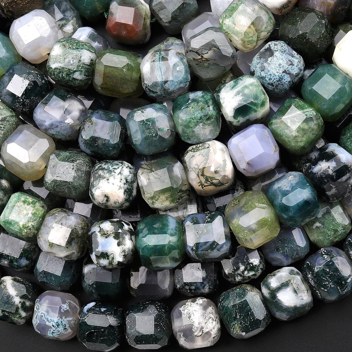 Malahill Natural Moss Agate Beads For Jewelry Making - 8mm Faceted Cube, 5 Strands Per Bag With Elastic Cord