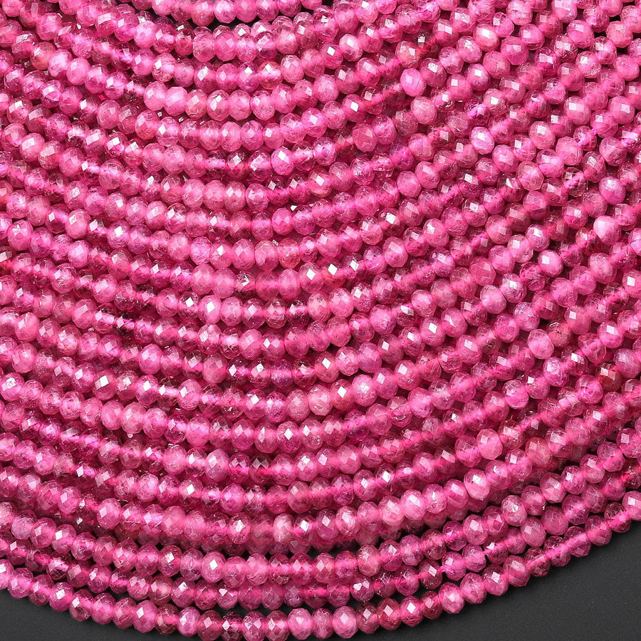 AAA Translucent Faceted Natural Pink Tourmaline Rondelle 3mm 4mm Beads Diamond Cut Gemstone 15.5" Strand
