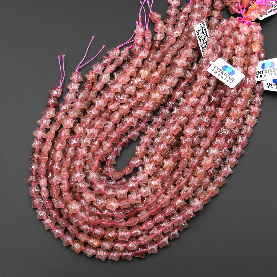 Natural Pink Strawberry Quartz Beads 10mm Puffy Star Gemstone 15.5" Strand