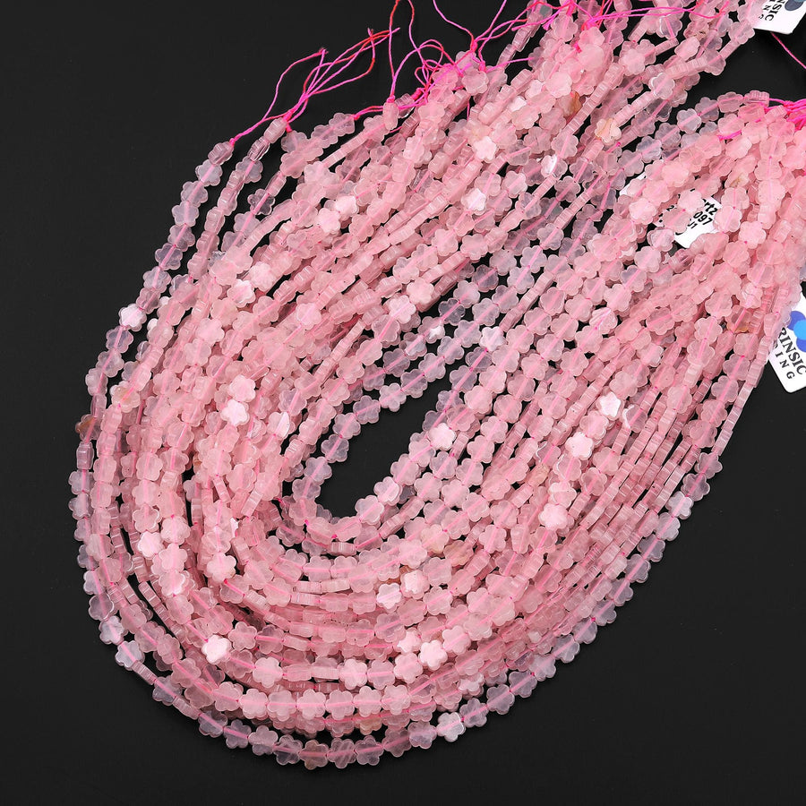 Natural Pink Rose Quartz Cherry Blossom Flower Beads 6mm Carved Gemstone 15.5" Strand