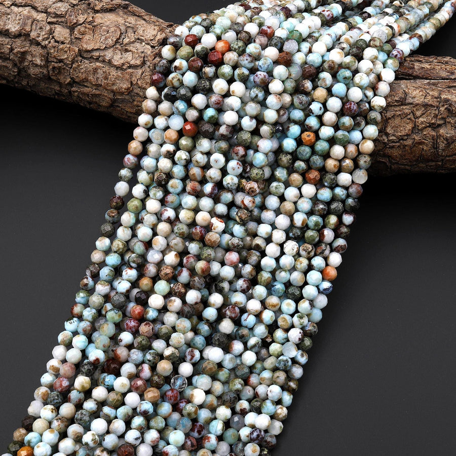 Real Natural Blue Larimar Beads Faceted 4mm Round Beads Red Iron 15.5" Strand