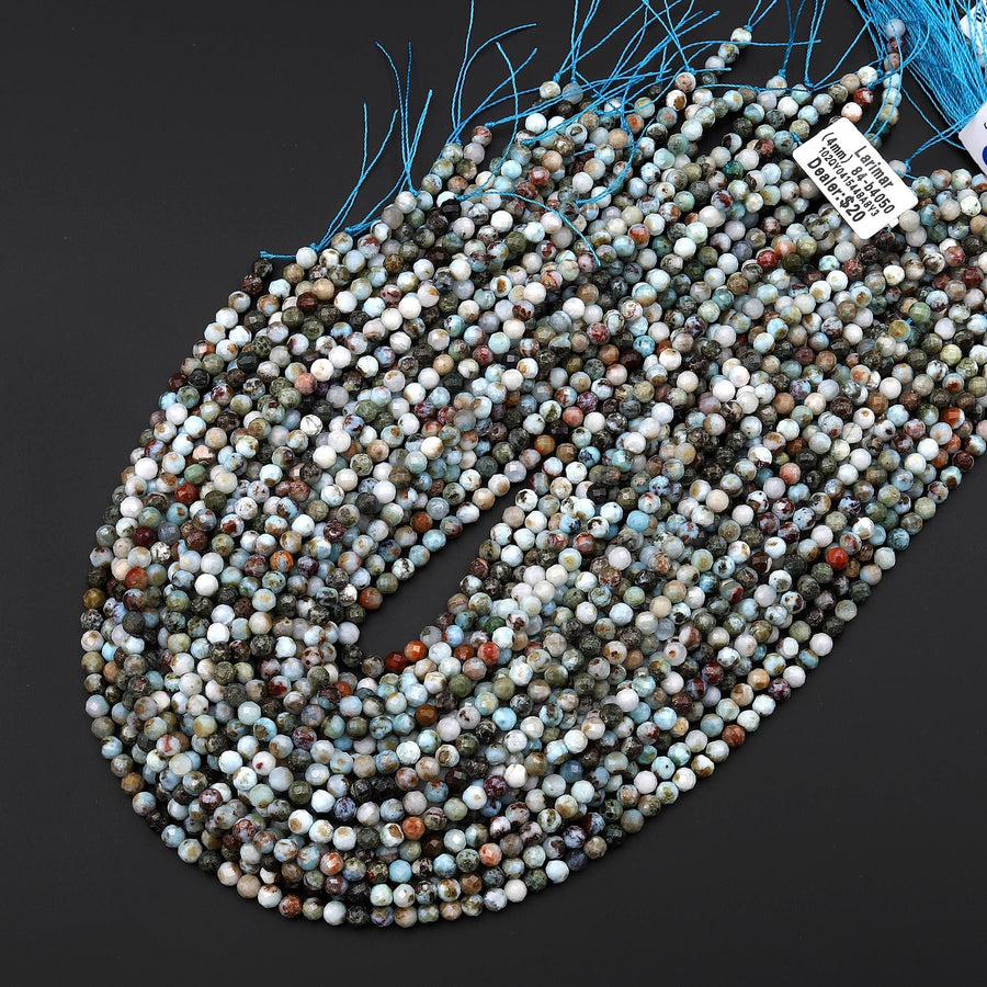 Real Natural Blue Larimar Beads Faceted 4mm Round Beads Red Iron 15.5" Strand