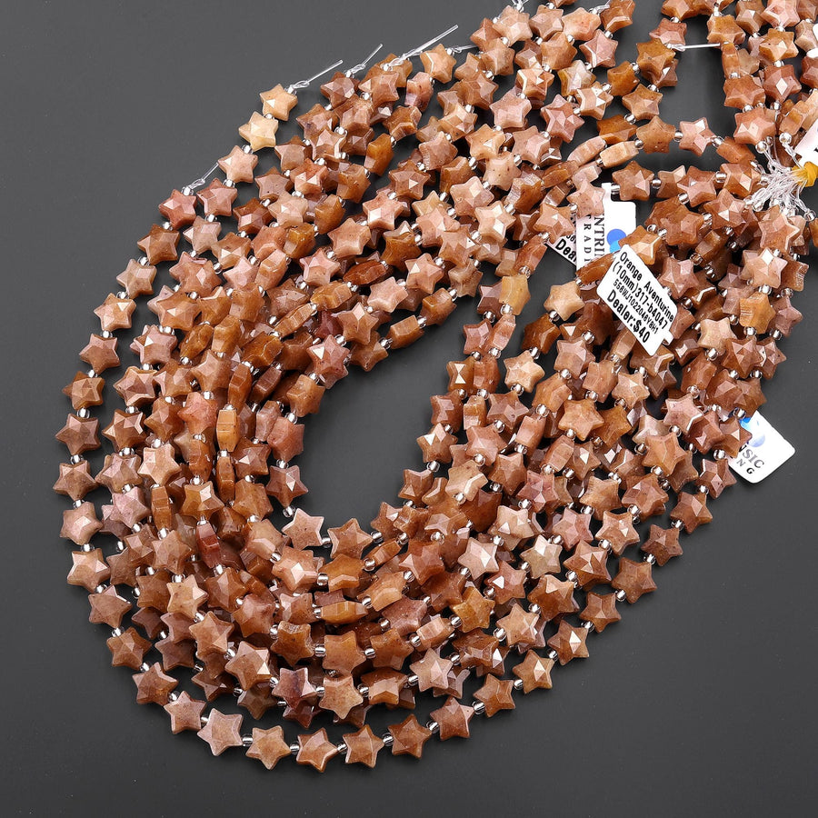 Rare Natural Chocolate Orange Aventurine Beads Faceted 10mm Carved Star Gemstone 15.5" Strand