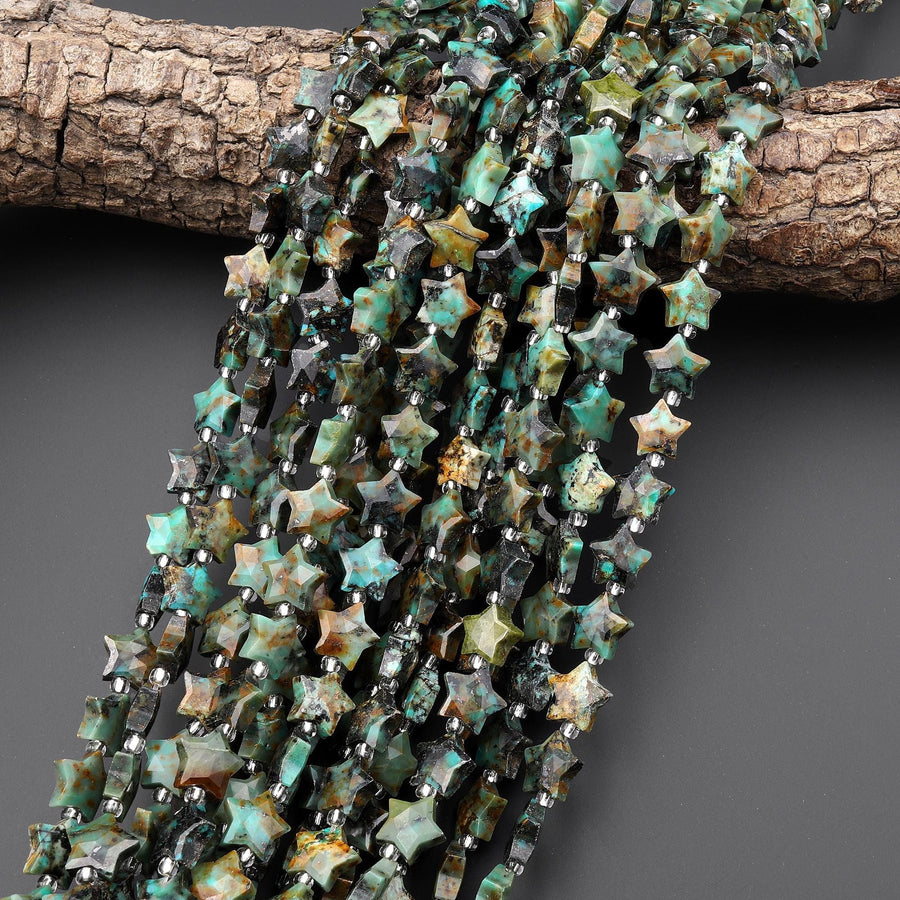 Natural African Turquoise Beads Faceted 10mm Carved Star Gemstone 15.5" Strand