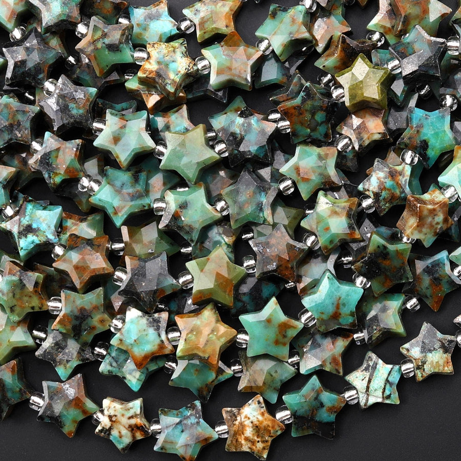 Natural African Turquoise Beads Faceted 10mm Carved Star Gemstone 15.5" Strand