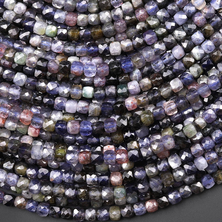 Natural Sunstone Iolite Faceted 4mm Cube Beads 15.5" Strand