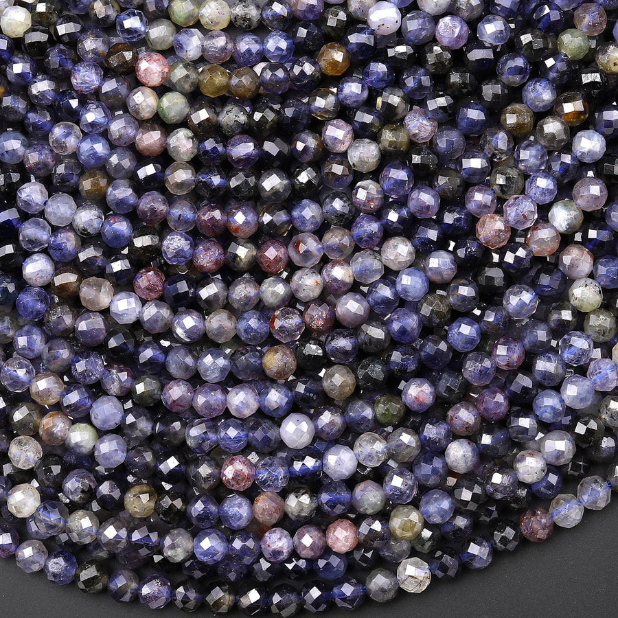 Rare Natural Sunstone Iolite Faceted 4mm Round Beads 15.5" Strand