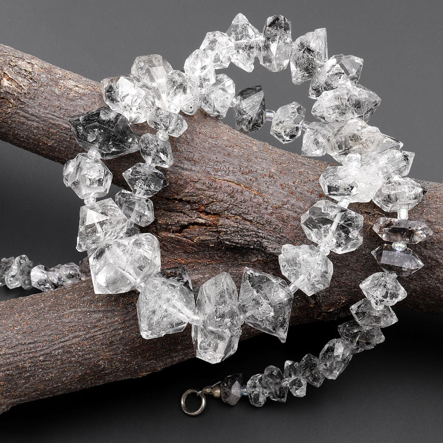 AAA Large Natural Herkimer Double Terminated Diamond Quartz Beads W/ Black Anthraxolite Inclusion 16" Strand