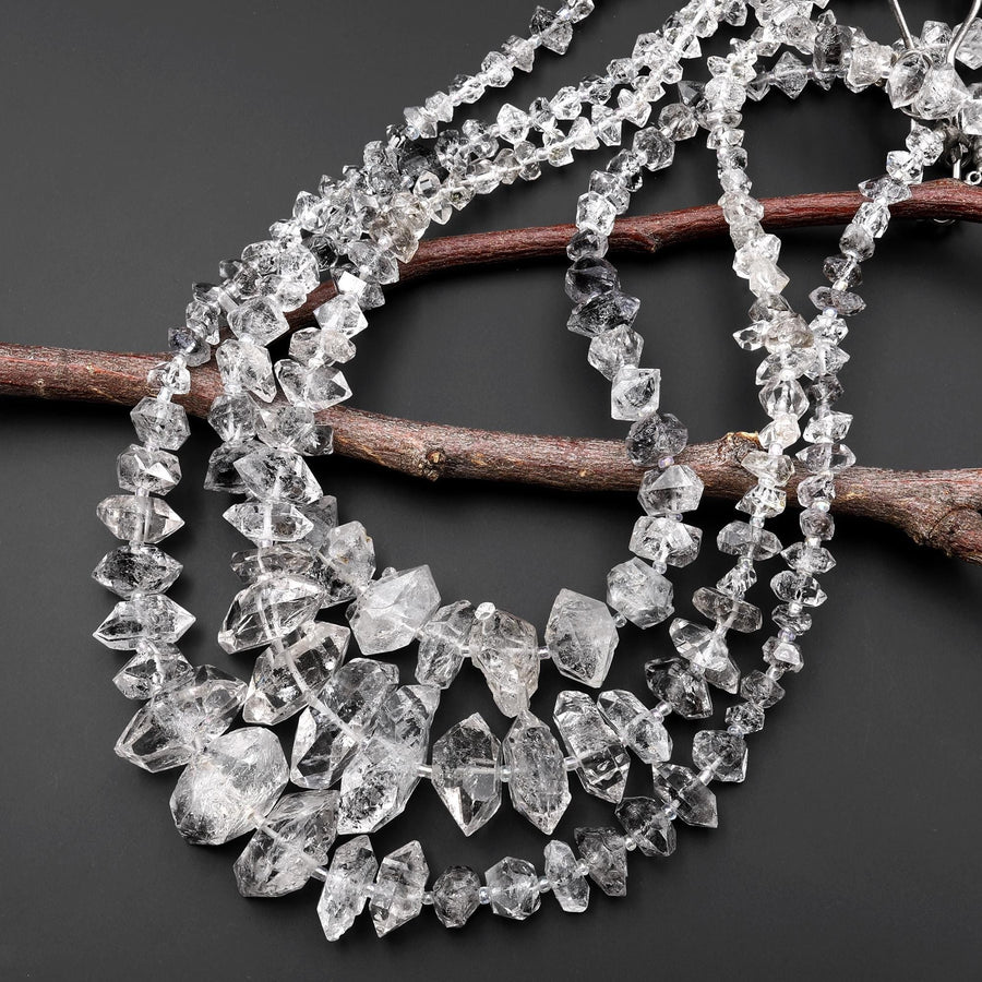 AAA Large Natural Herkimer Double Terminated Diamond Quartz Beads W/ Black Anthraxolite Inclusion 16" Strand