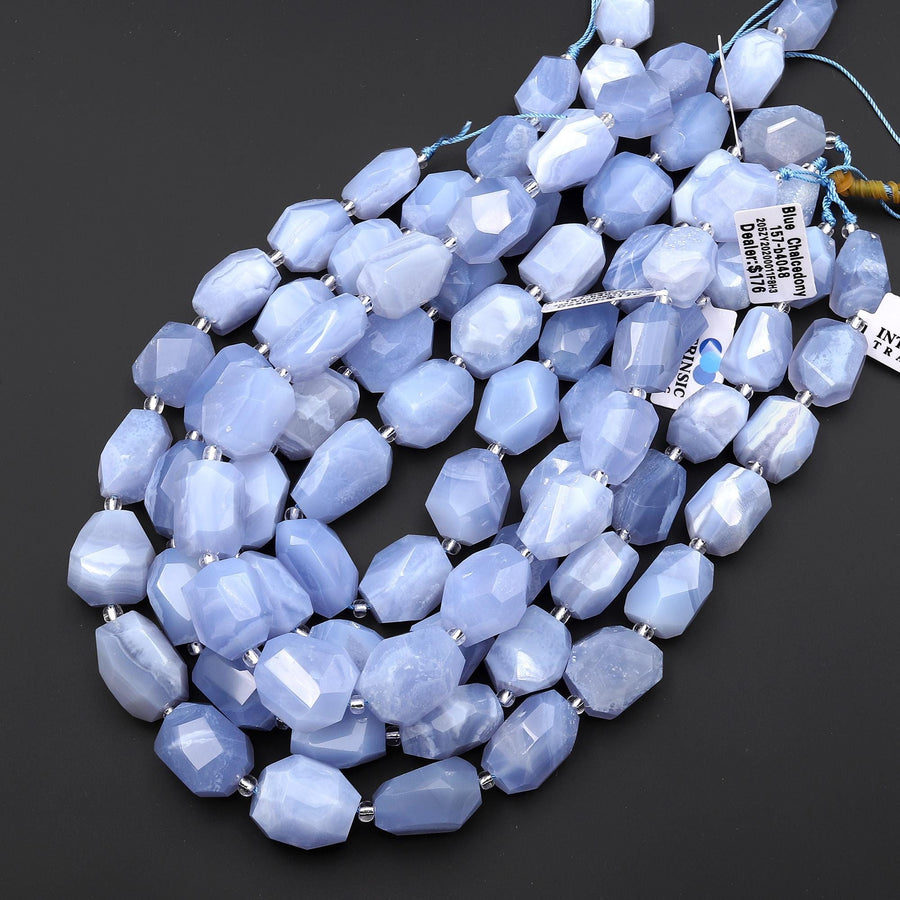 AAA Chunky Natural Blue Chalcedony Beads Hand Faceted Nuggets 15.5 Strand