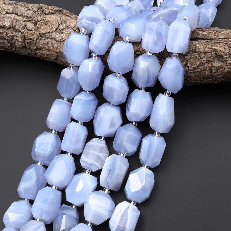 AAA Chunky Natural Blue Chalcedony Beads Hand Faceted Nuggets 15.5 Strand