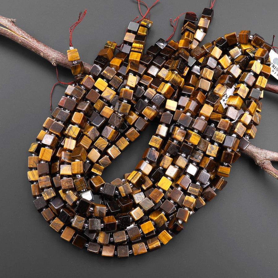 Natural Tiger's Eye 8mm Smooth Cube Dice Gemstone Beads 15.5" Strand