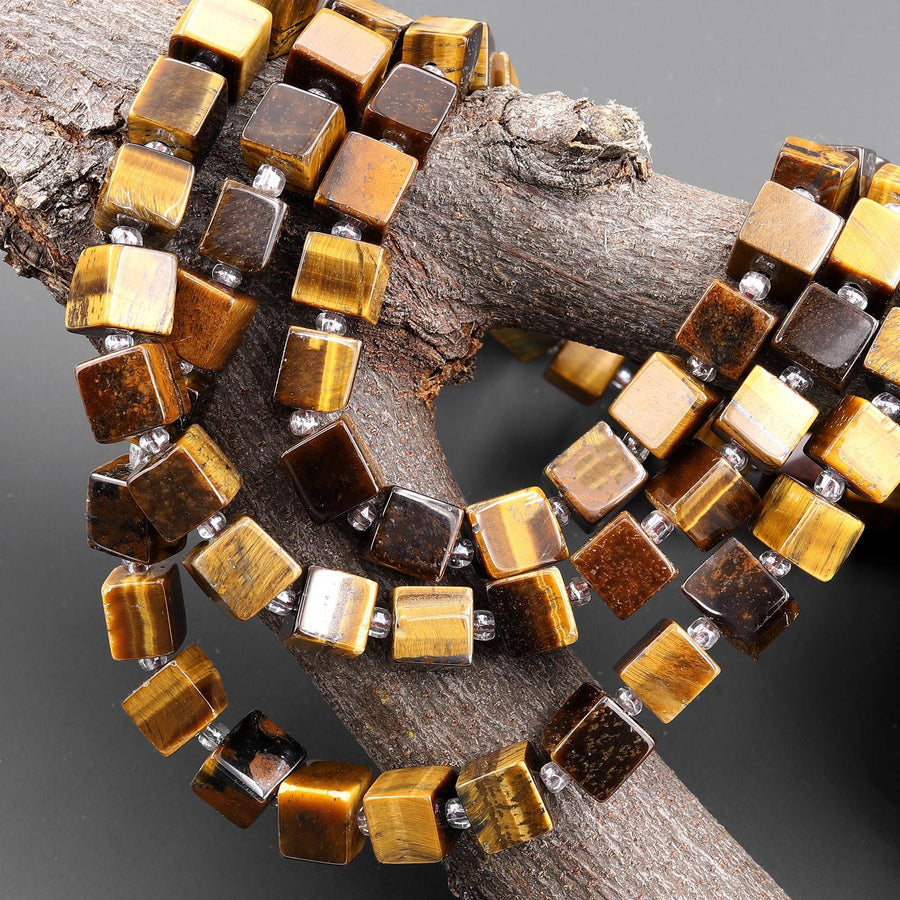 Natural Tiger's Eye 8mm Smooth Cube Dice Gemstone Beads 15.5" Strand