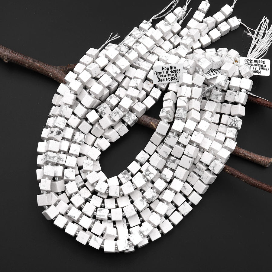 Natural White Howlite 8mm Smooth Cube Dice Gemstone Beads 15.5" Strand