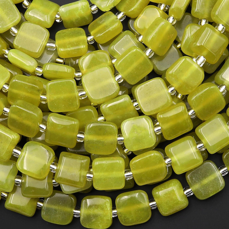 Natural Chartreuse Jade Smooth Square Beads 10mm Gemstone 15.5" Strand