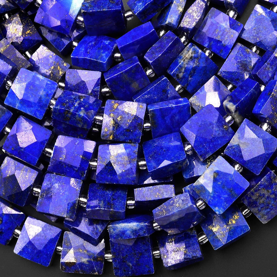AAA Faceted Natural Blue Lapis Square Cushion 10mm Beads 15.5" Strand