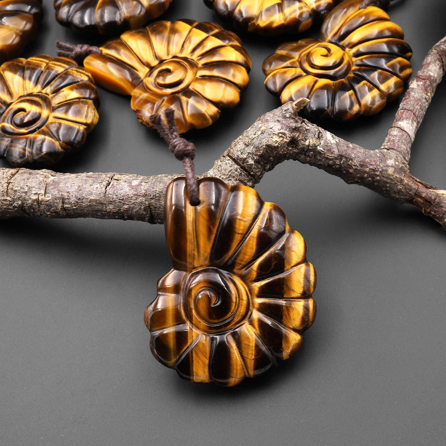 AAA Hand Carved Natural Golden Tiger's Eye Tiger Ammonite Pendant Gemstone Focal Bead A3