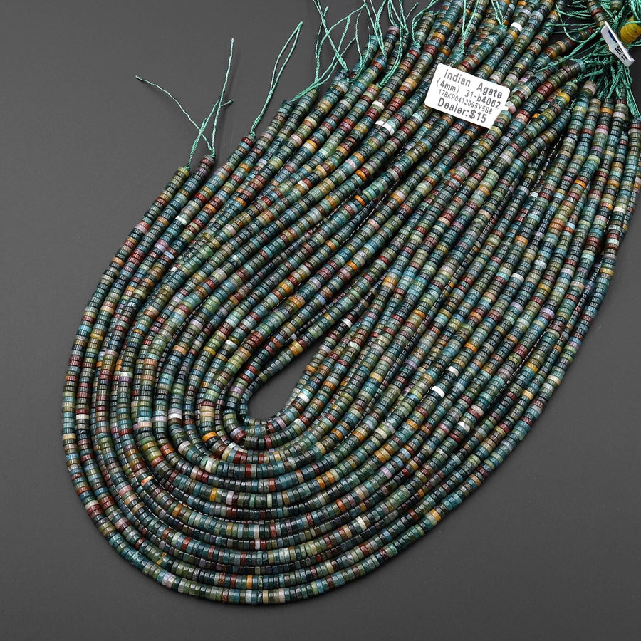 AAA Natural Teal Blue Green Indian Agate 4mm Smooth Thin Heishi Rondelle Beads 15.5" Strand